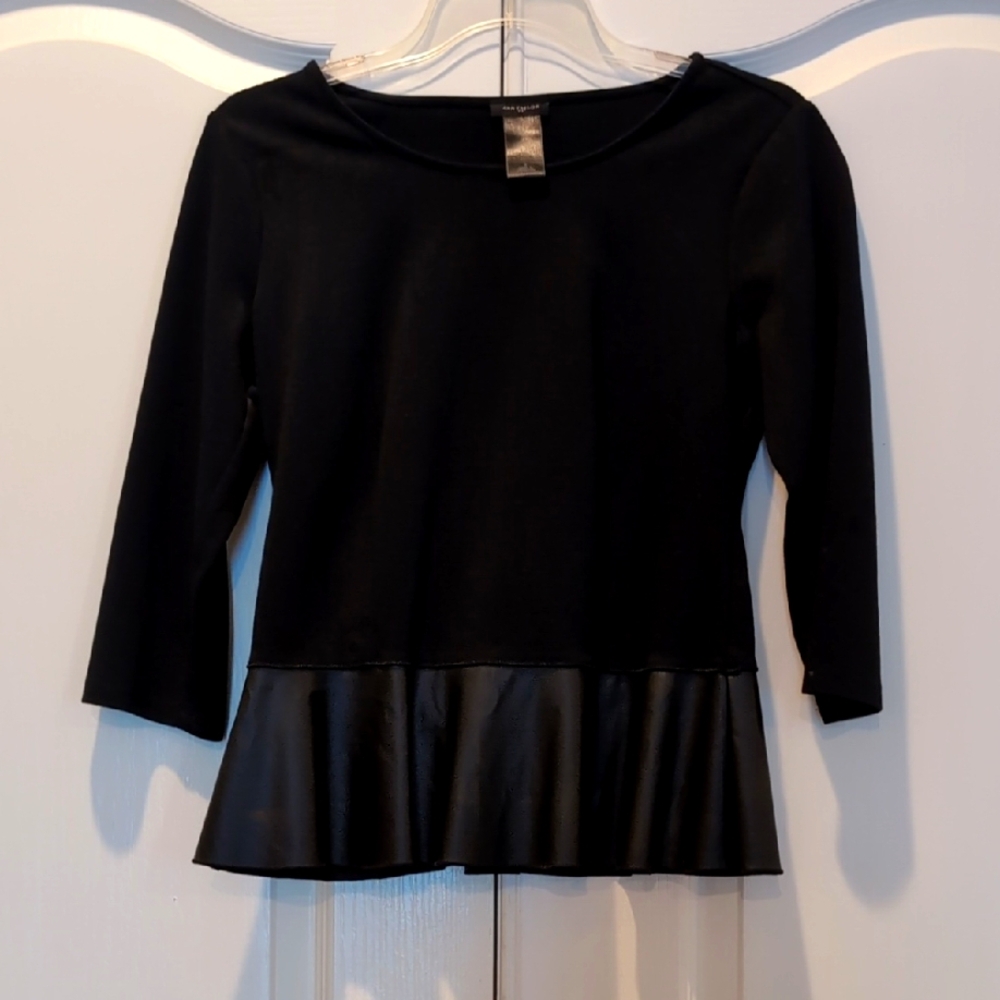 Ann Taylor Black Peplum 3/4 Sleeve Blouse With Leather Detail